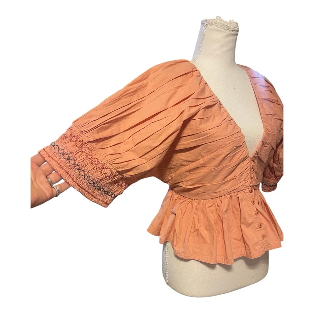 Free People Where We Meet Smocked Embroidered Cotton Cropped Blouse Sz‎ S boho